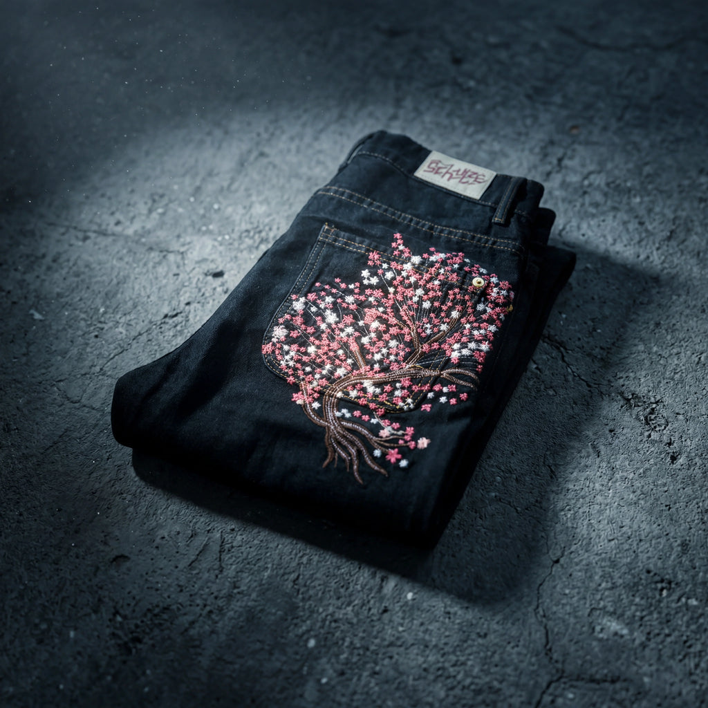 Cherry Blossom Embroidered Y2K Baggy Jeans